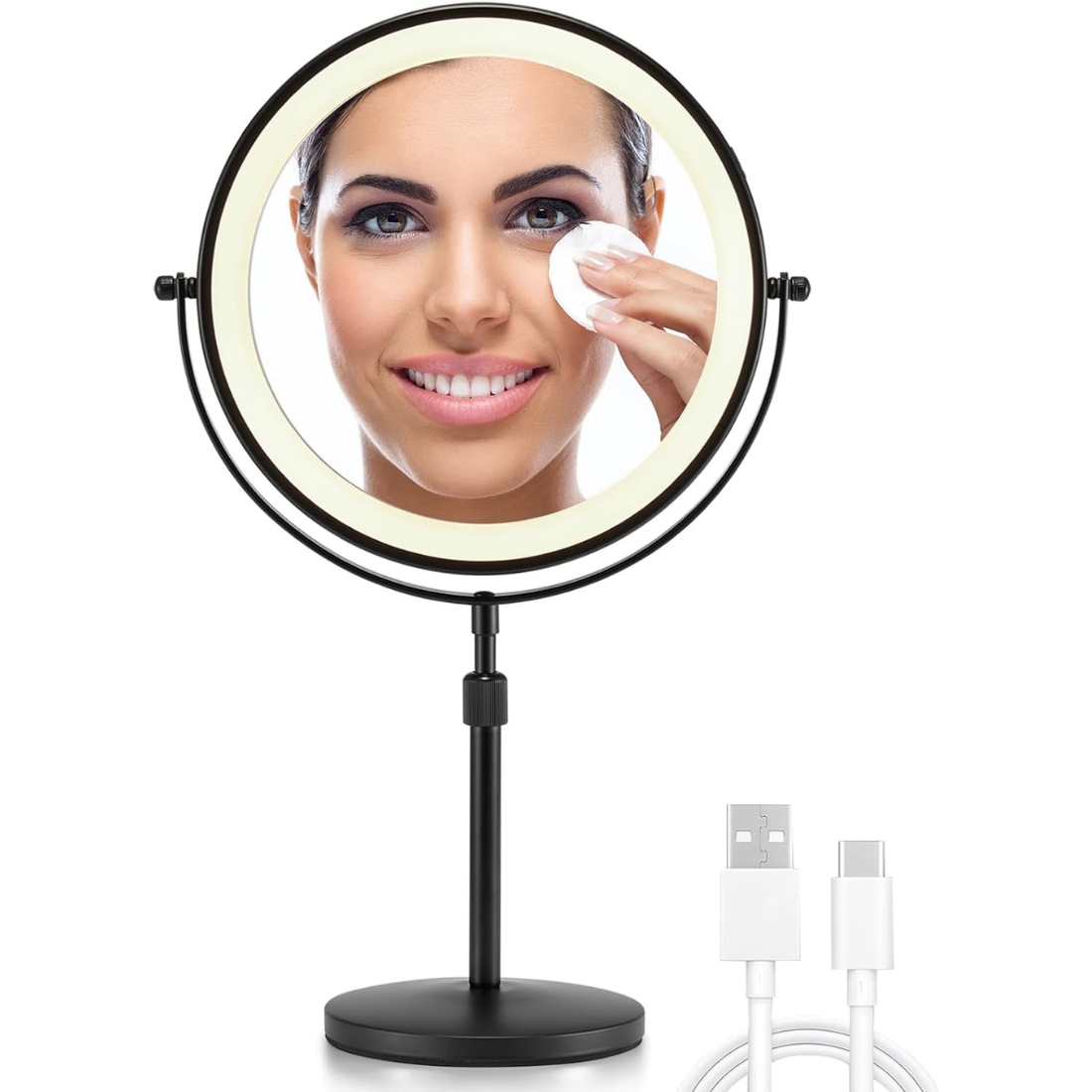 3X/10X Magnifying Makeup Mirror with Light, 8.5 Inches Double Sided Swivel-Free Vanity Mirror with height-adjustable stand (Black)