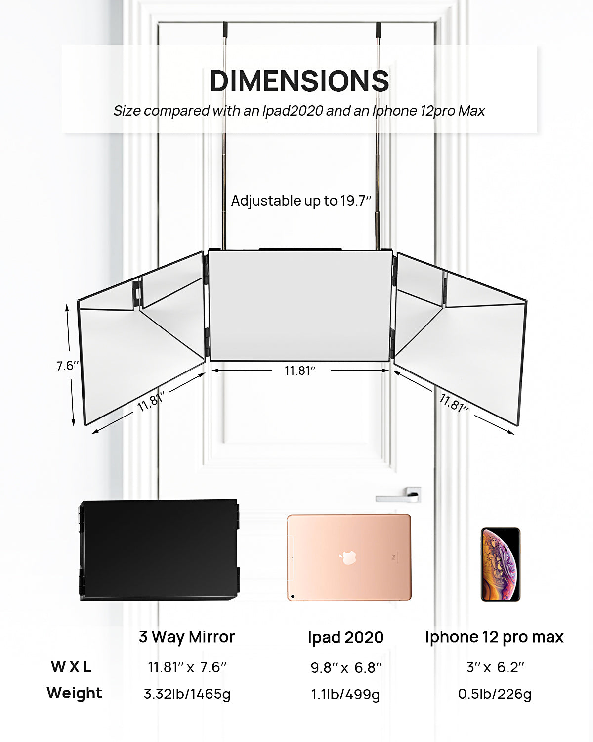 3 Way Mirror for Hair Cutting, 360 Trifold Self Haircut Mirror with Adjustable Telescoping Hooks, Multi-Functional for Makeup and Travel