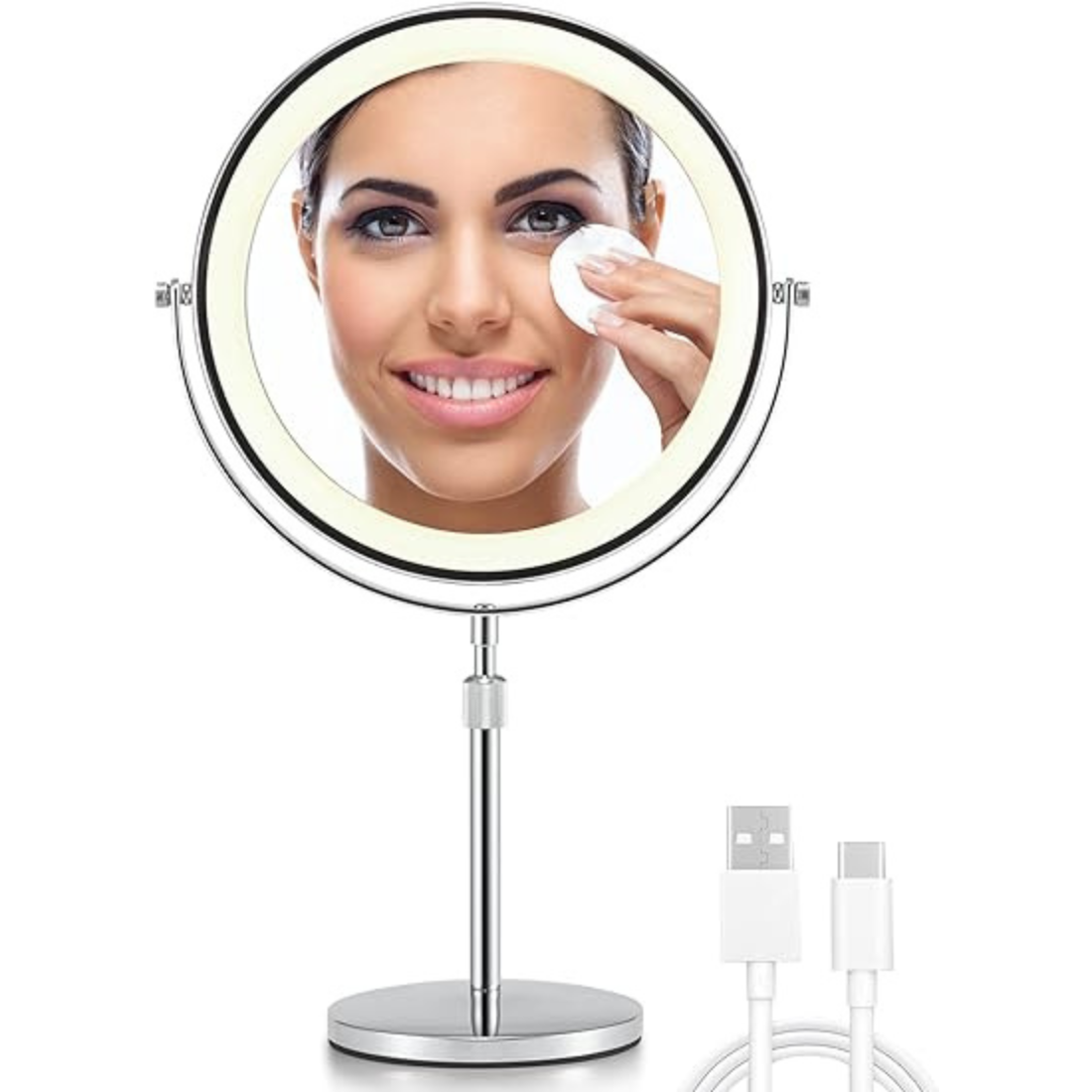 3X/10X Magnifying Makeup Mirror with Light, 8.5 Inches Double Sided Swivel-Free Vanity Mirror with height-adjustable stand (Silver)