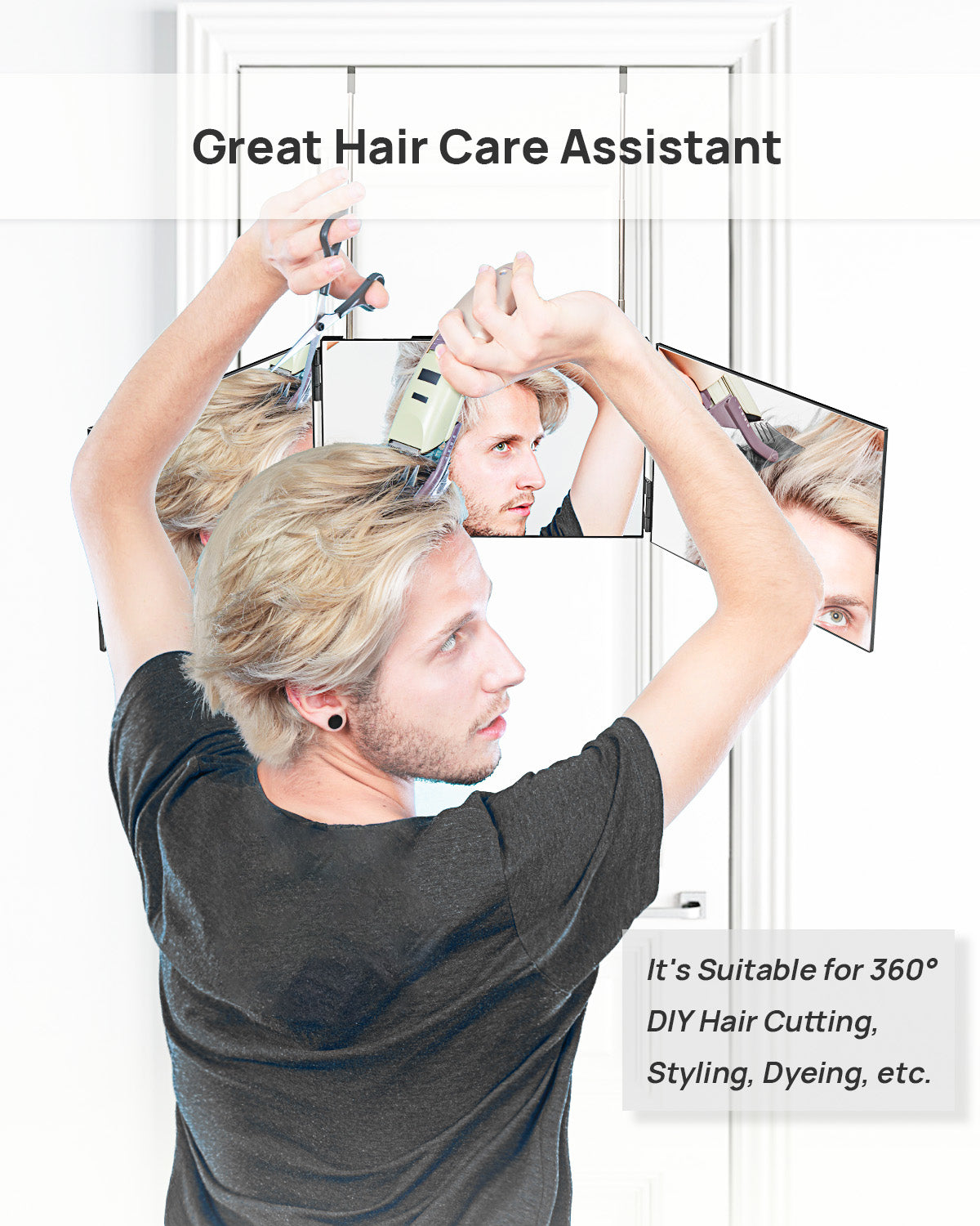 3 Way Mirror for Hair Cutting, 360 Trifold Self Haircut Mirror with Adjustable Telescoping Hooks, Multi-Functional for Makeup and Travel