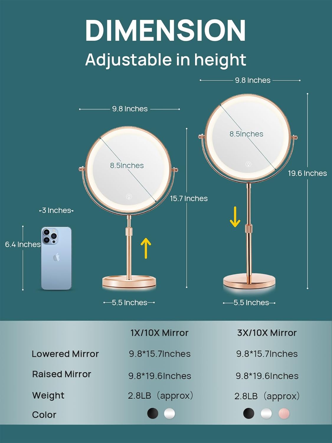 8.5 Inches Lighted Makeup Mirror with 3X/10X Magnifications, Double Sided Swivel Vanity Mirror with Height-Adjustable Stand (Rose Gold)