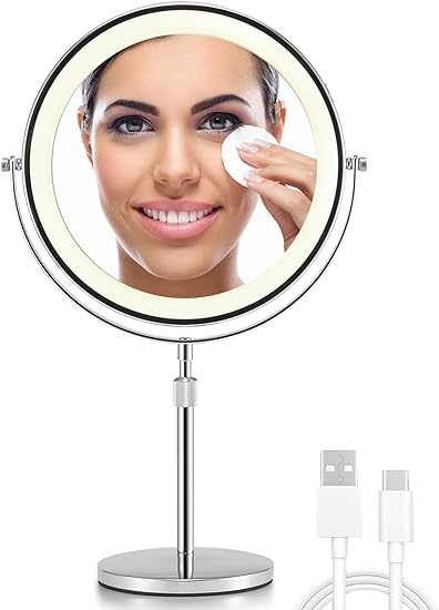 3X/10X Magnifying Makeup Mirror with Light, 8.5 Inches Double Sided Swivel-Free Vanity Mirror with height-adjustable stand (Black)