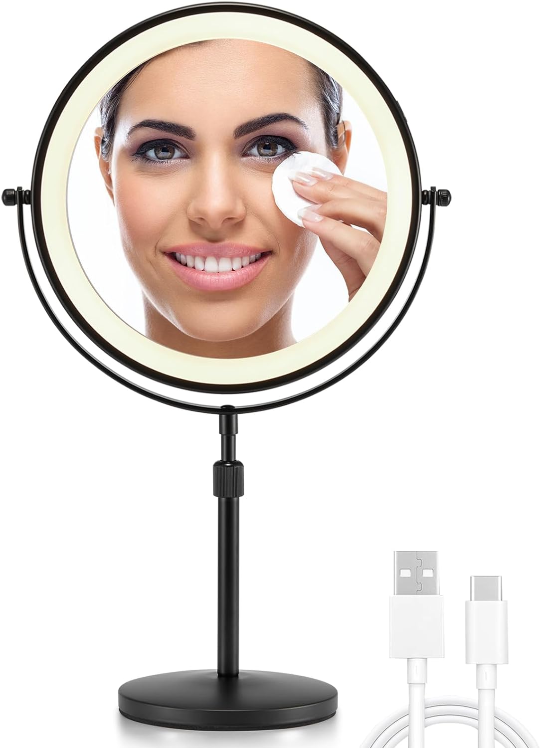 3X/10X Magnifying Makeup Mirror with Light, 8.5 Inches Double Sided Swivel-Free Vanity Mirror with height-adjustable stand (Silver)