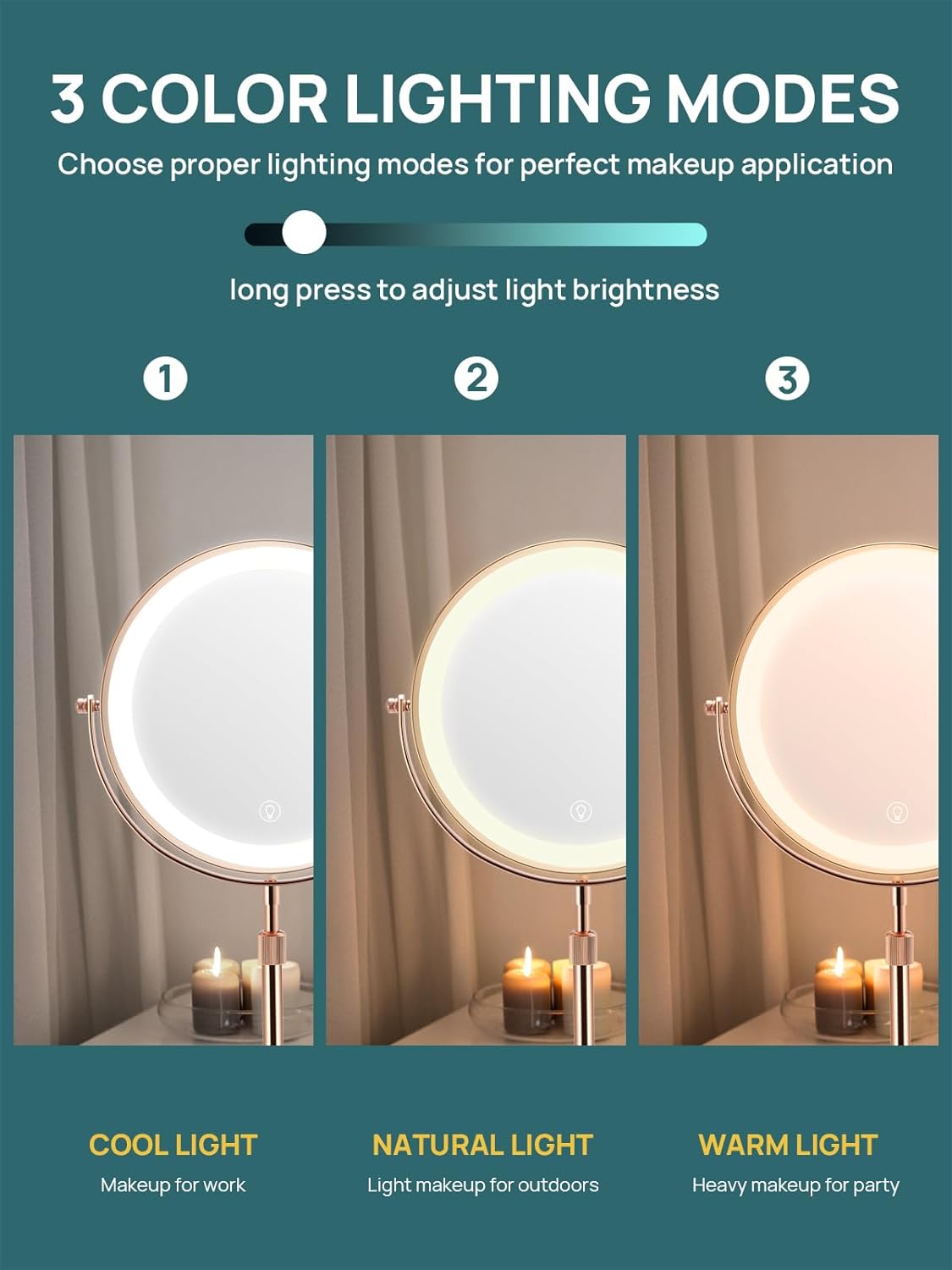 8.5 Inches Lighted Makeup Mirror with 3X/10X Magnifications, Double Sided Swivel Vanity Mirror with Height-Adjustable Stand (Rose Gold)