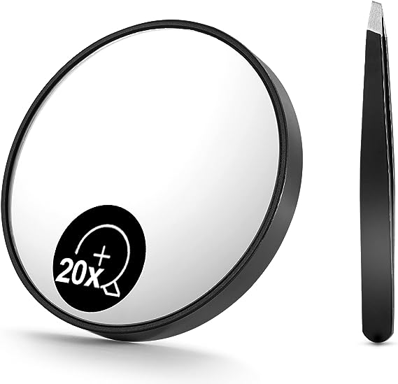25X(150R) Magnifying Mirror and Eyebrow Tweezers Kit, 3.5" Two Suction Cups Magnifier Travel Set