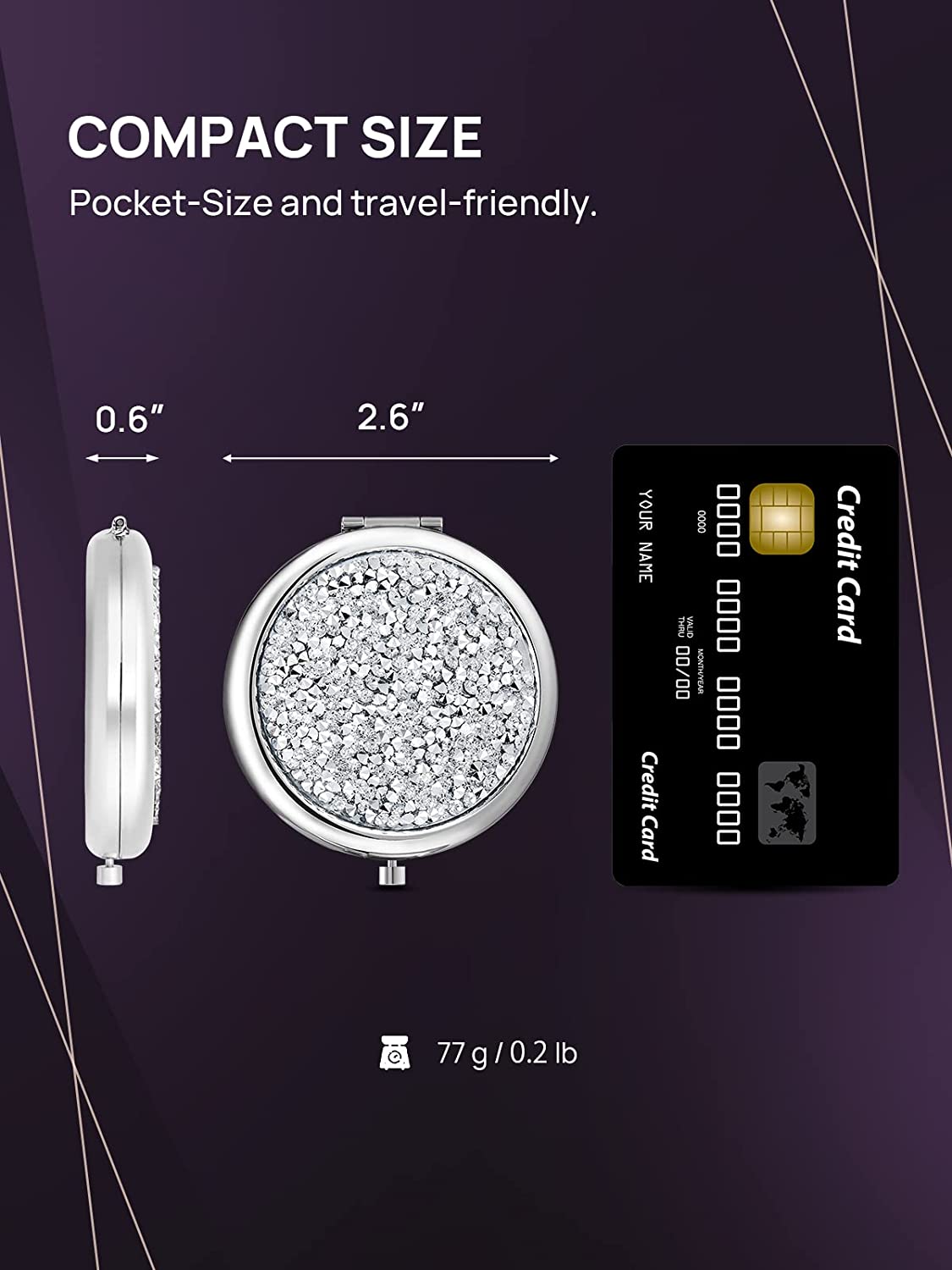 1X/10X(300R) Magnifying Compact Mirror, Mini Mix Diamond Metal Pocket Makeup Mirror (Rose Gold)