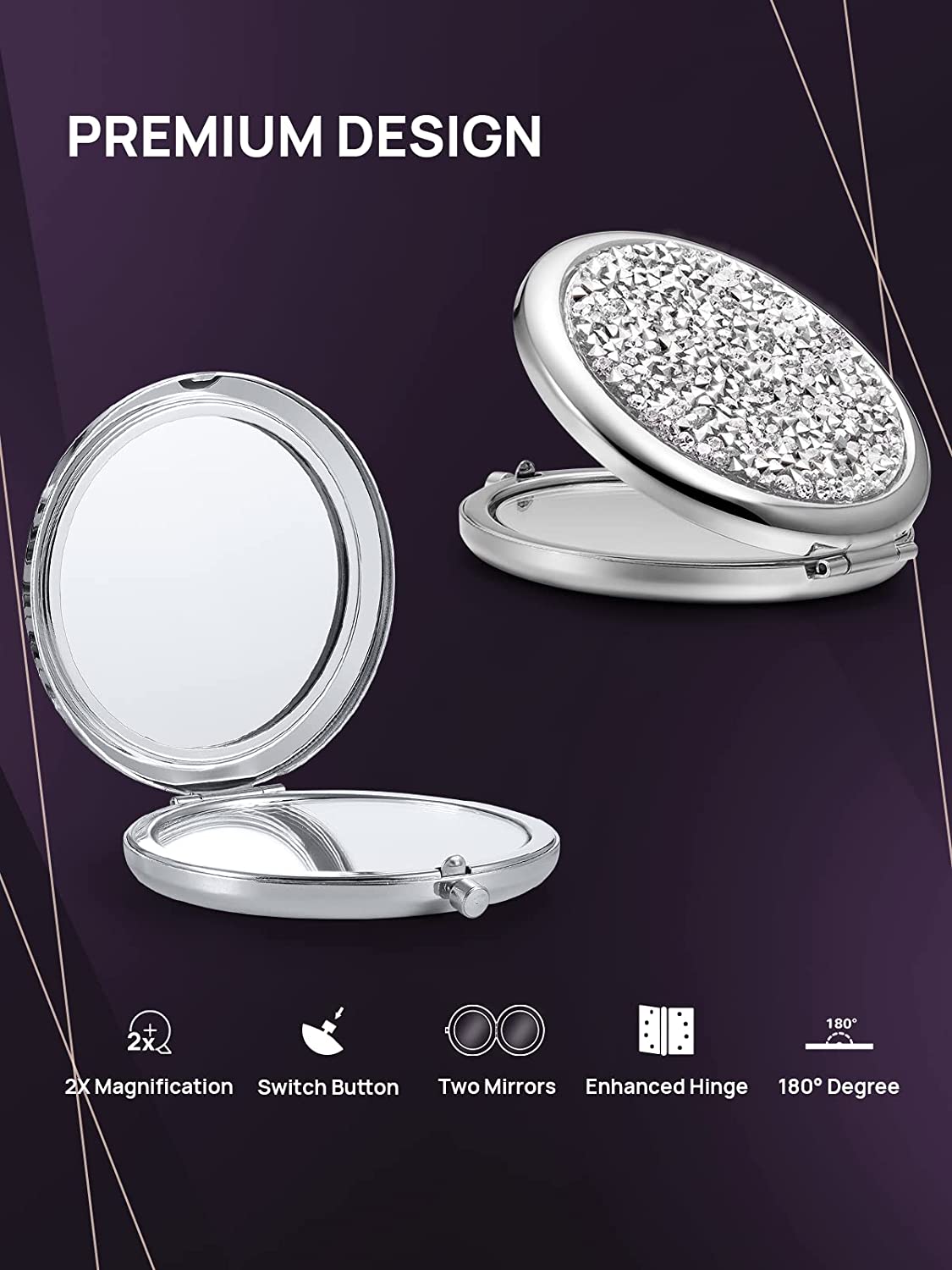 1X/10X(300R) Magnifying Compact Mirror, Mini Mix Diamond Metal Pocket Makeup Mirror (Rose Gold)