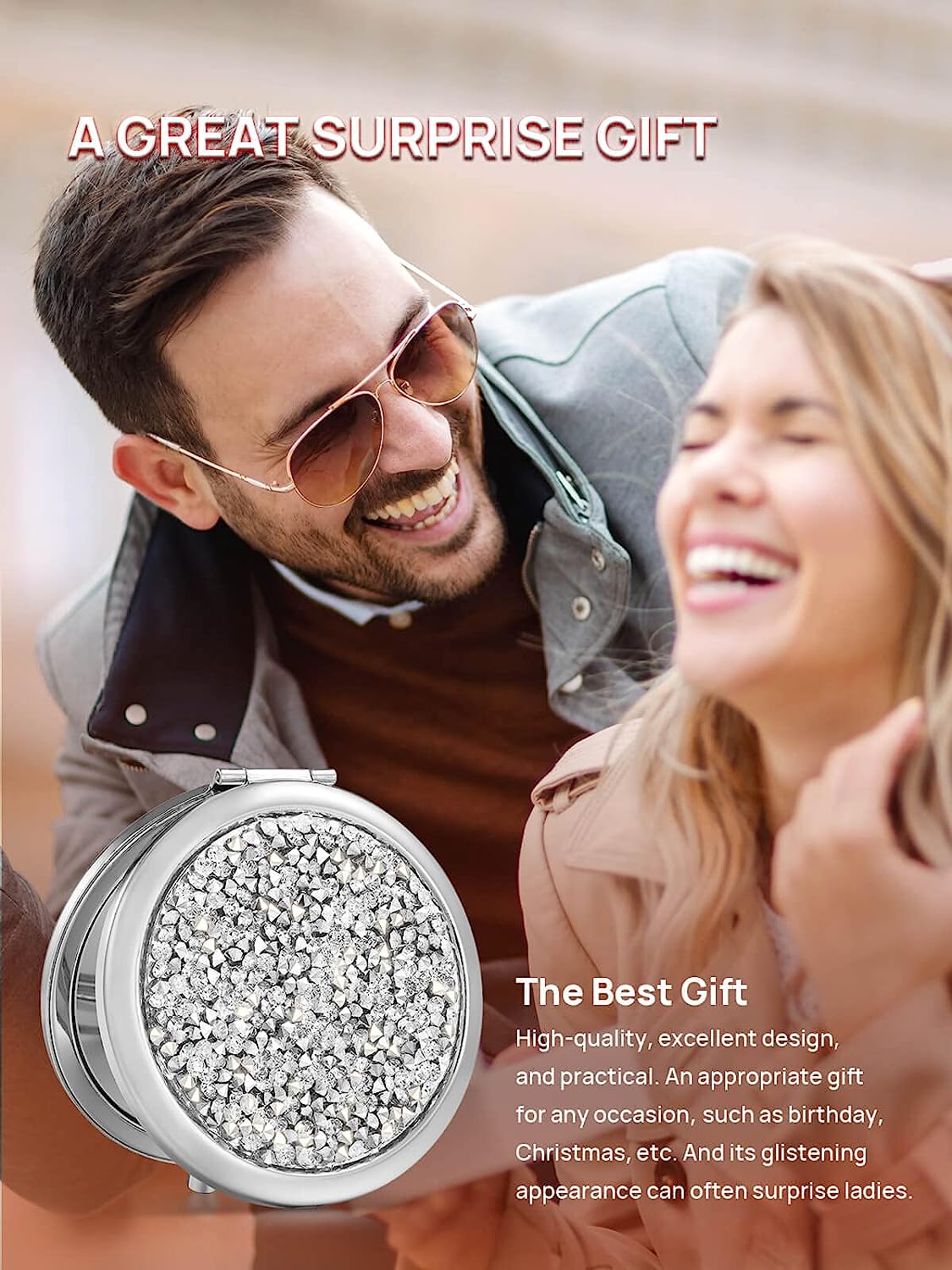 1X/10X(300R) Magnifying Compact Mirror, Mini Mix Diamond Metal Pocket Makeup Mirror (Rose Gold)