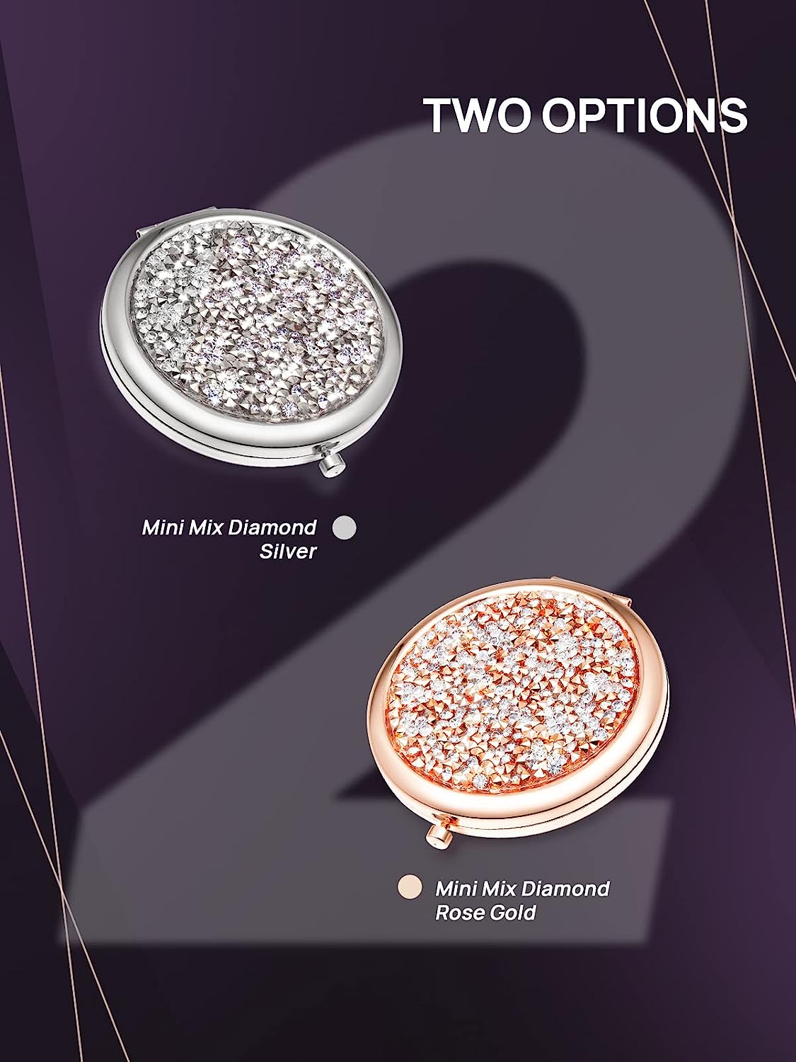 1X/10X(300R) Magnifying Compact Mirror, Mini Mix Diamond Metal Pocket Makeup Mirror (Rose Gold)