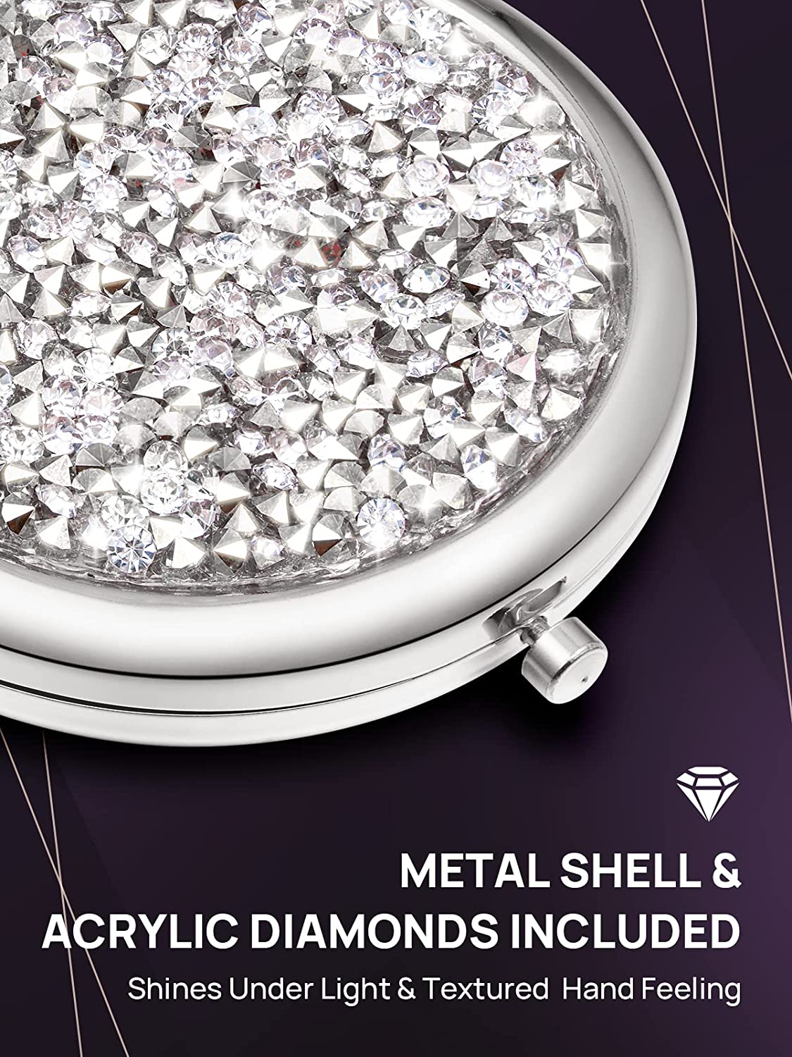 1X/10X(300R) Magnifying Compact Mirror, Mini Mix Diamond Metal Pocket Makeup Mirror (Rose Gold)