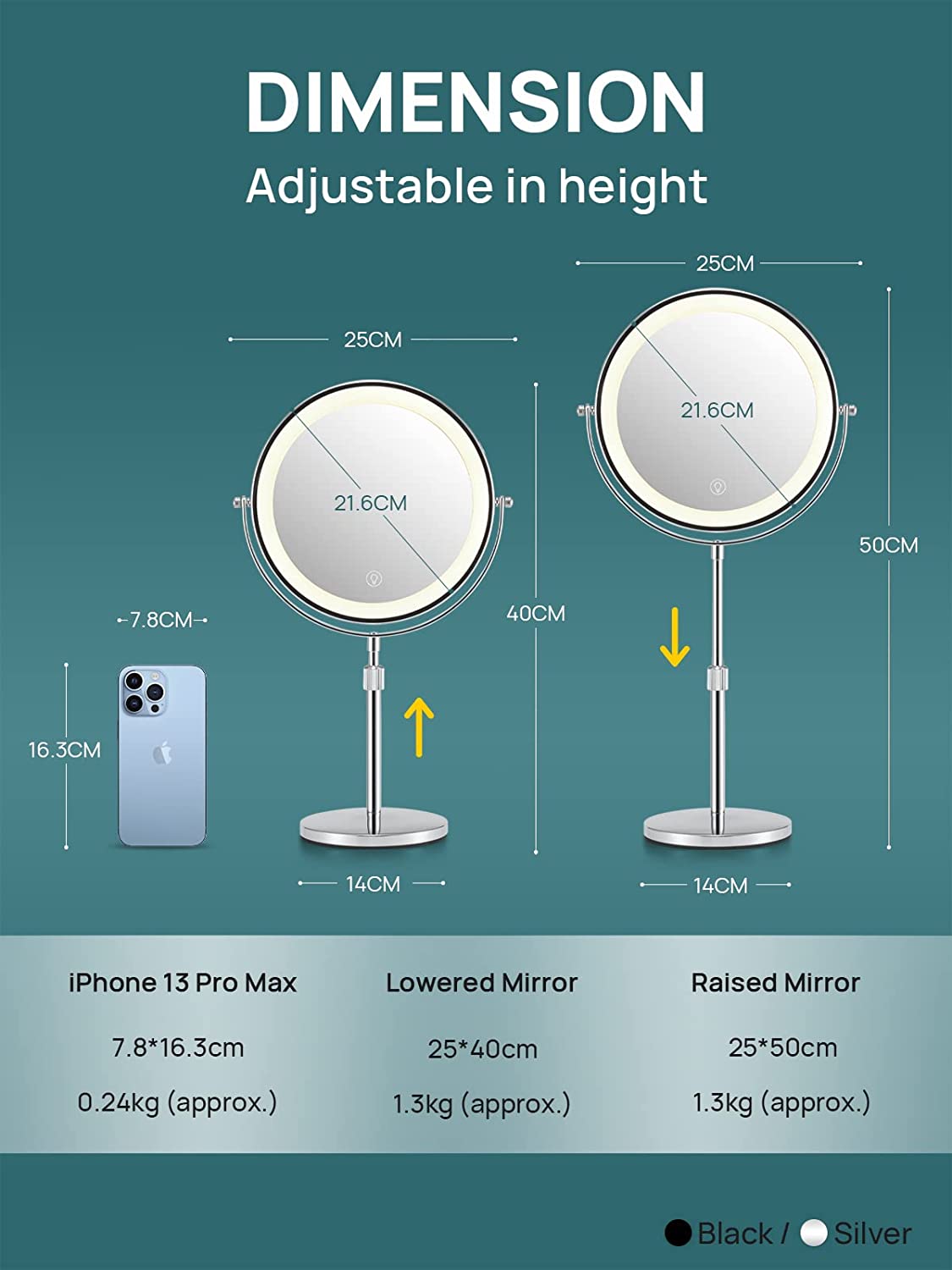 3X/10X Magnifying Makeup Mirror with Light, 8.5 Inches Double Sided Swivel-Free Vanity Mirror with height-adjustable stand (Silver)