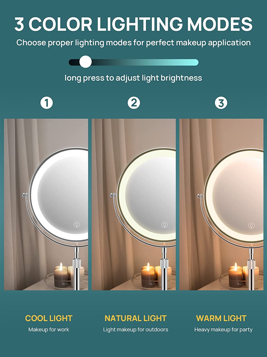 3X/10X Magnifying Makeup Mirror with Light, 8.5 Inches Double Sided Swivel-Free Vanity Mirror with height-adjustable stand (Silver)