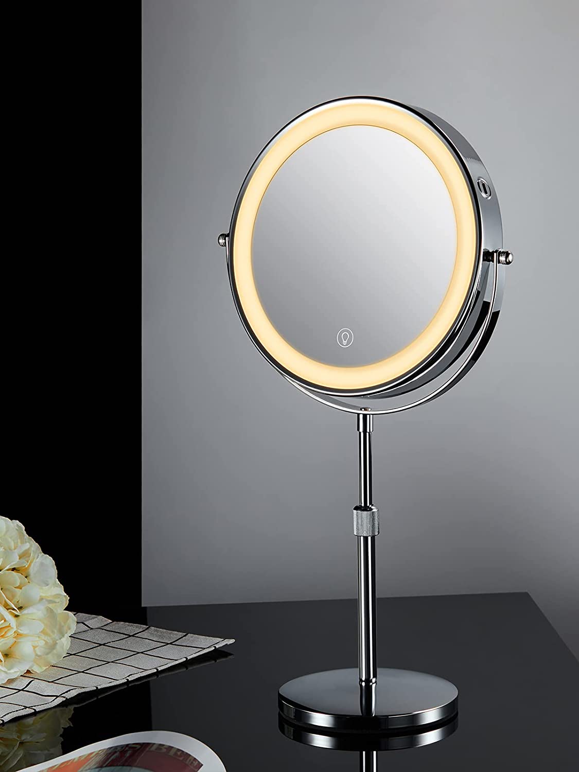 3X/10X Magnifying Makeup Mirror with Light, 8.5 Inches Double Sided Swivel-Free Vanity Mirror with height-adjustable stand (Silver)
