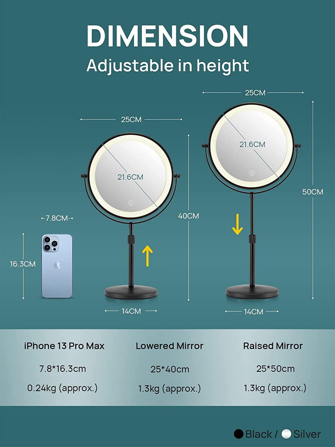 3X/10X Magnifying Makeup Mirror with Light, 8.5 Inches Double Sided Swivel-Free Vanity Mirror with height-adjustable stand (Black)