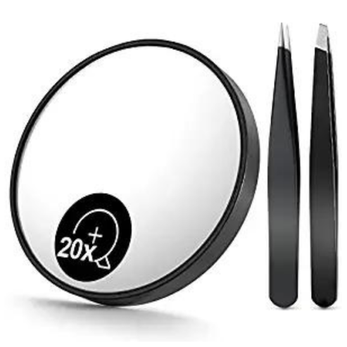 20X(200R) Magnifying Mirror and Eyebrow Tweezers Kit, 3.5" Three Suction Cups Magnifier Travel Set