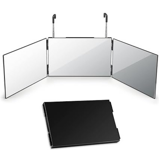 3 Way Mirror for Hair Cutting, 360 Trifold Self Haircut Mirror with Adjustable Telescoping Hooks, Multi-Functional for Makeup and Travel