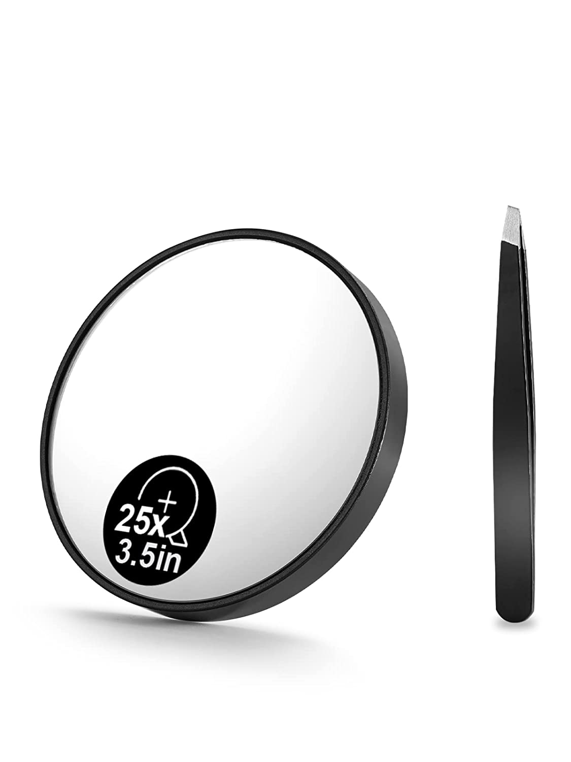 10X(300R) Magnifying Mirror and Eyebrow Tweezers Kit, 3.5" Two Suction Cups Magnifier Travel Set