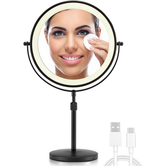 3X/10X Magnifying Makeup Mirror with Light, 8.5 Inches Double Sided Swivel-Free Vanity Mirror with height-adjustable stand (Black)