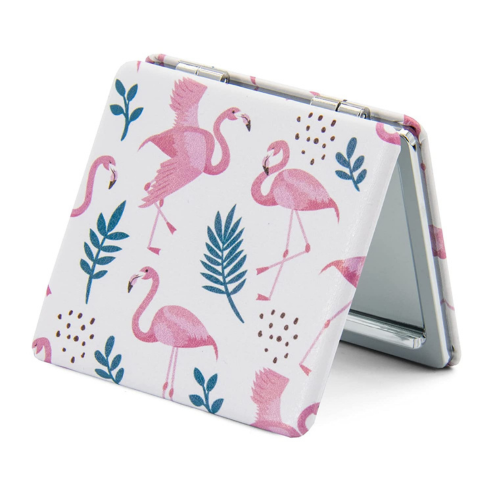 1X/3X Magnifying Mirror, Unique Painting Compact Mirror with Classical PU Leather (Pink Flamingos)