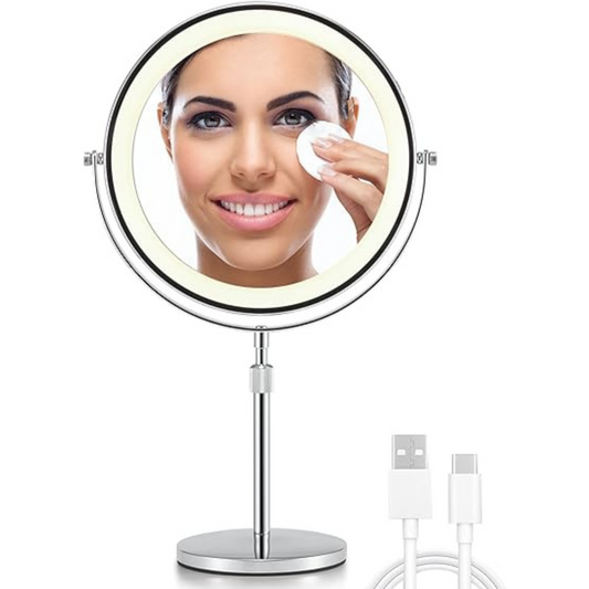 3X/10X Magnifying Makeup Mirror with Light, 8.5 Inches Double Sided Swivel-Free Vanity Mirror with height-adjustable stand (Silver)