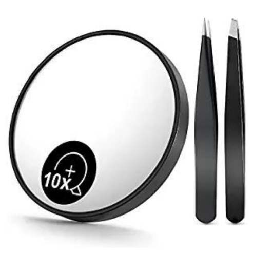 10X(300R) Magnifying Mirror and Eyebrow Tweezers Kit, 3.5" Three Suction Cups Magnifier Travel Set