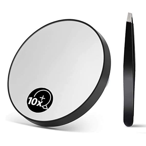 10X(300R) Magnifying Mirror and Eyebrow Tweezers Kit, 3.5" Two Suction Cups Magnifier Travel Set