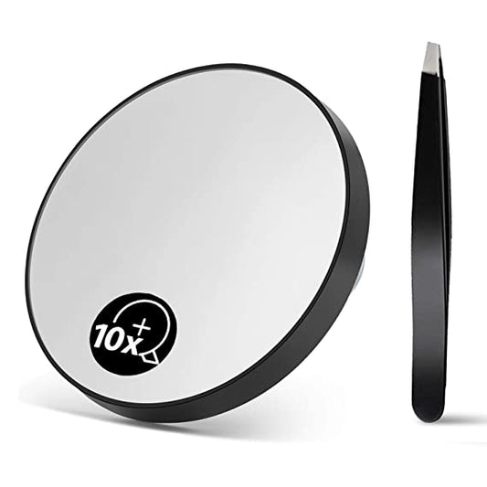 10X(300R) Magnifying Mirror and Eyebrow Tweezers Kit, 3.5" Two Suction Cups Magnifier Travel Set