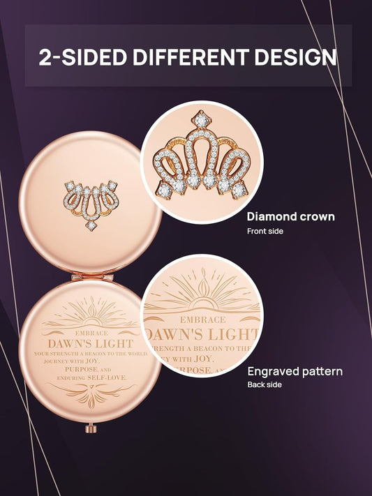 1X/10X Magnifying Compact Mirror, Small Crown Engraved Pocket Makeup Mirror Gift for Her Women Mom(Rose Gold)