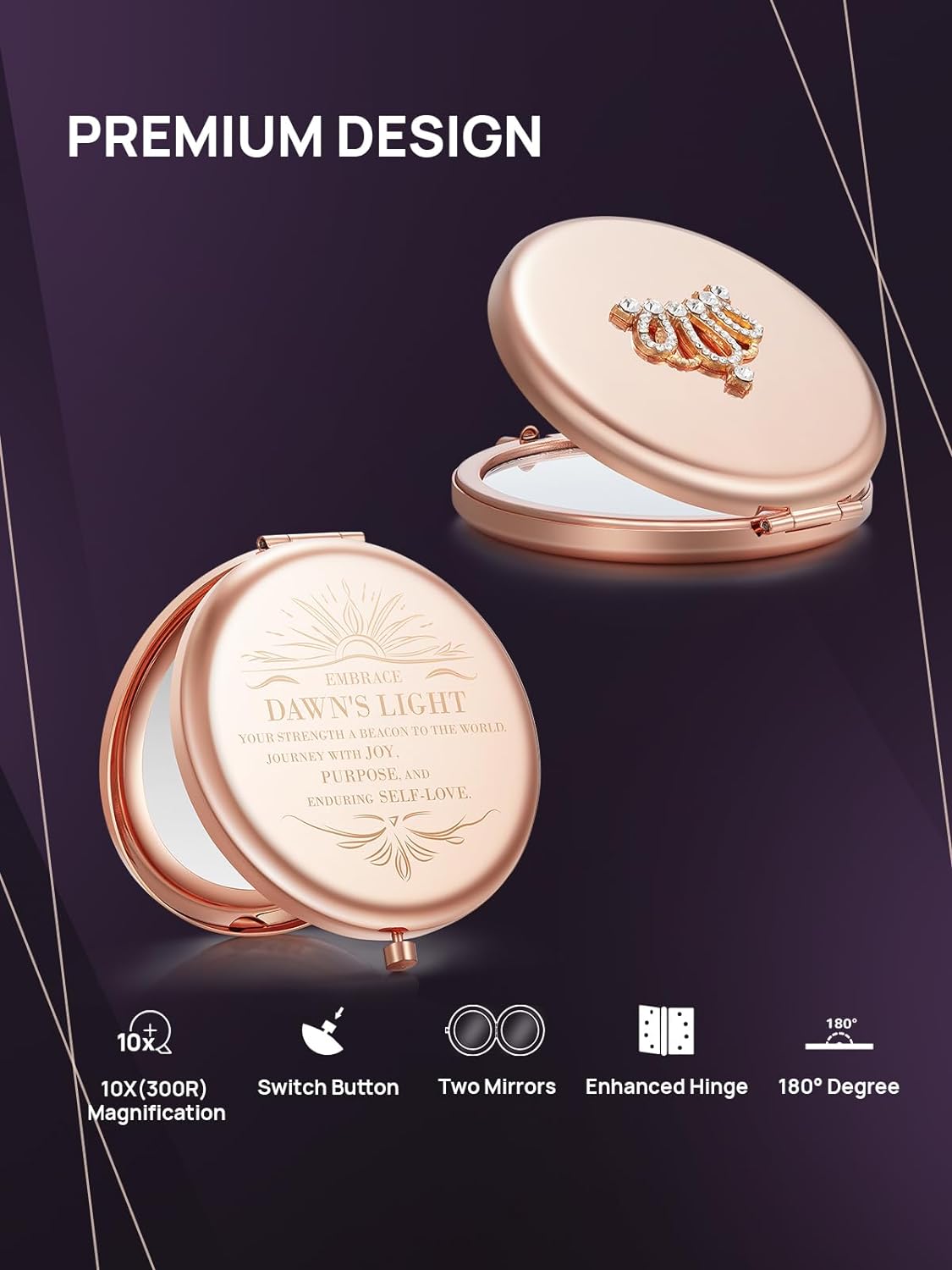 1X/10X Magnifying Compact Mirror, Small Crown Engraved Pocket Makeup Mirror Gift for Her Women Mom(Rose Gold)