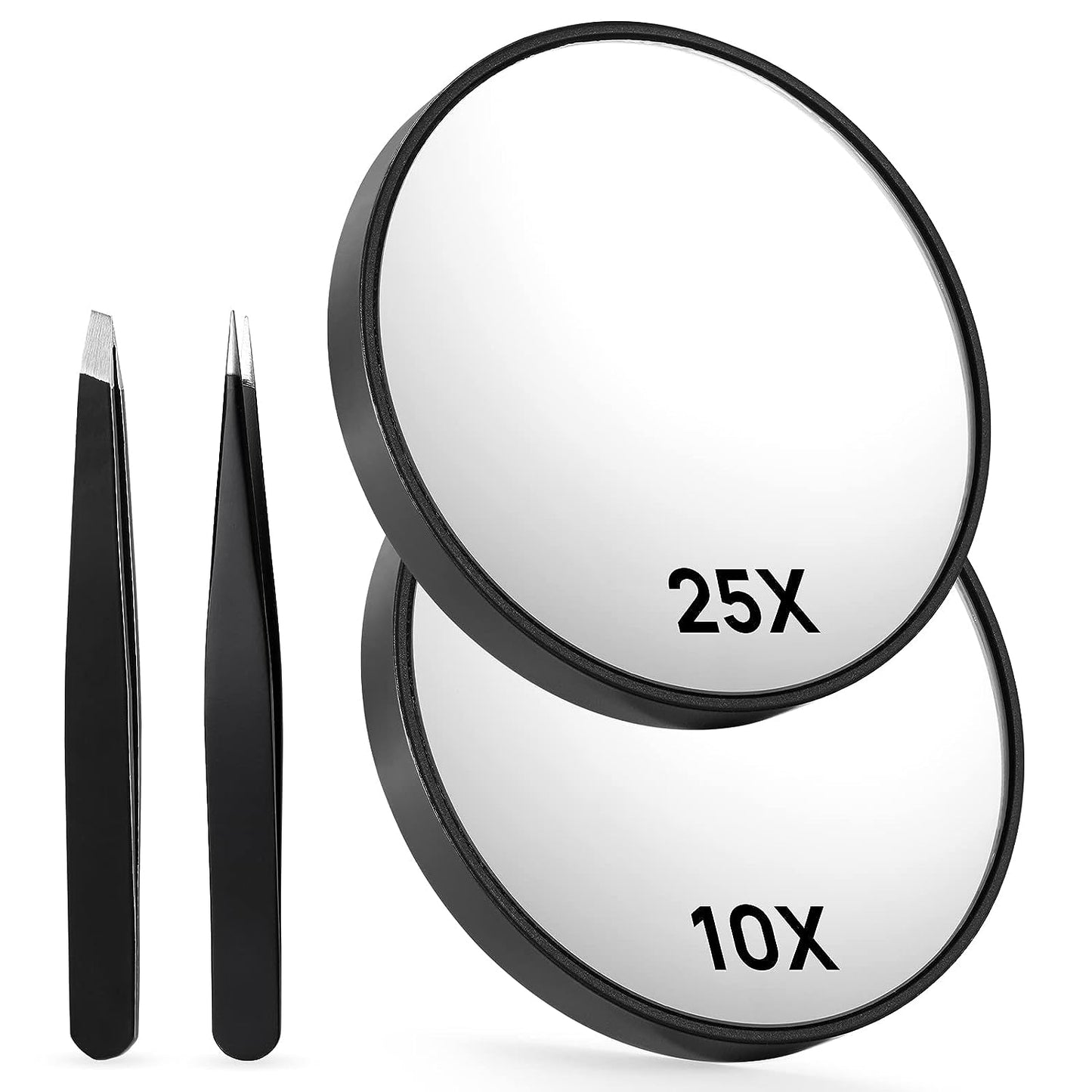 10X & 25X Magnifying Mirrors with Two Eyebrow Tweezers Kits, 3.5" Two Suction Cups Magnifier Set for Travel (Pink)