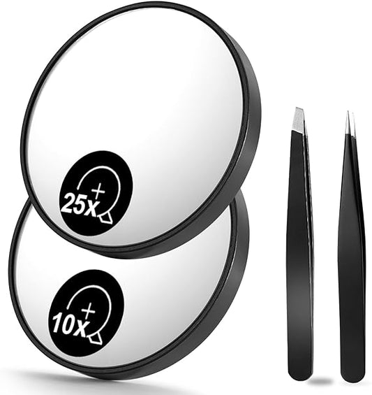 10X & 25X Magnifying Mirrors and Two Eyebrow Tweezers Kits, 3.5" Two Suction Cups Magnifier Travel Set