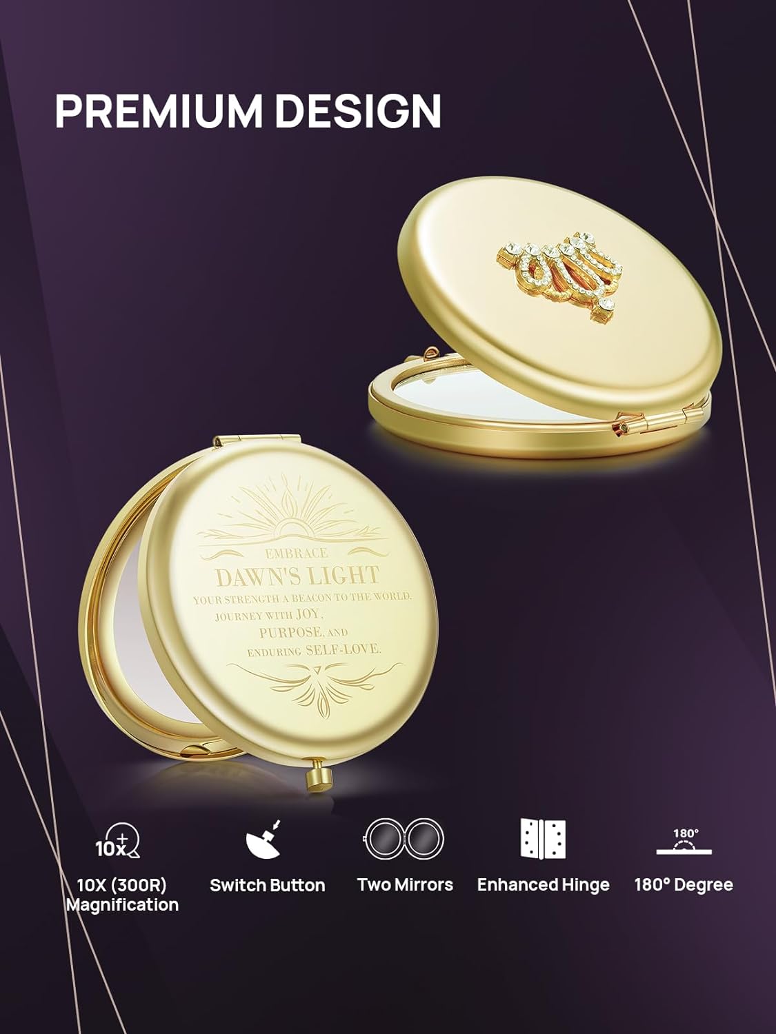 1X/10X Magnifying Compact Mirror, Small Crown Engraved Pocket Makeup Mirror Gift for Her Women Mom(Rose Gold)