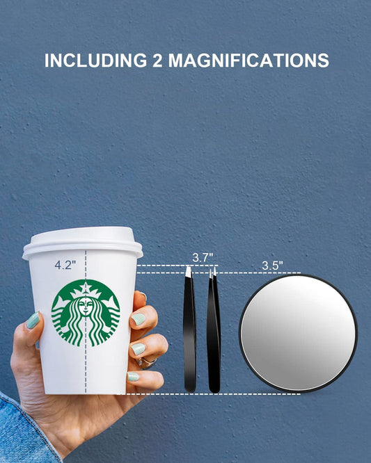 10X & 25X Magnifying Mirrors and Two Eyebrow Tweezers Kits, 3.5" Two Suction Cups Magnifier Travel Set