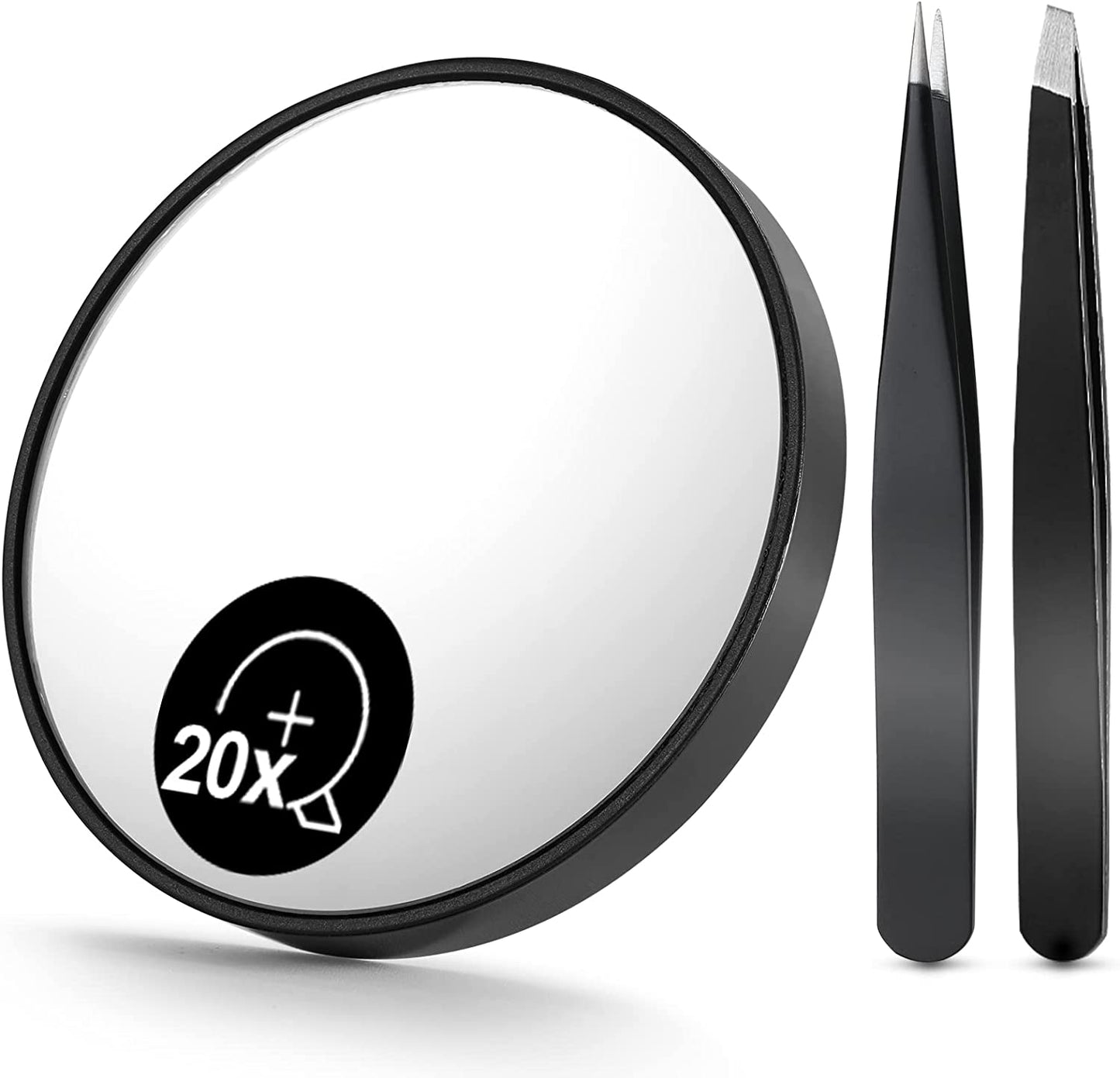 10X(300R) Magnifying Mirror and Eyebrow Tweezers Kit, 3.5" Three Suction Cups Magnifier Travel Set