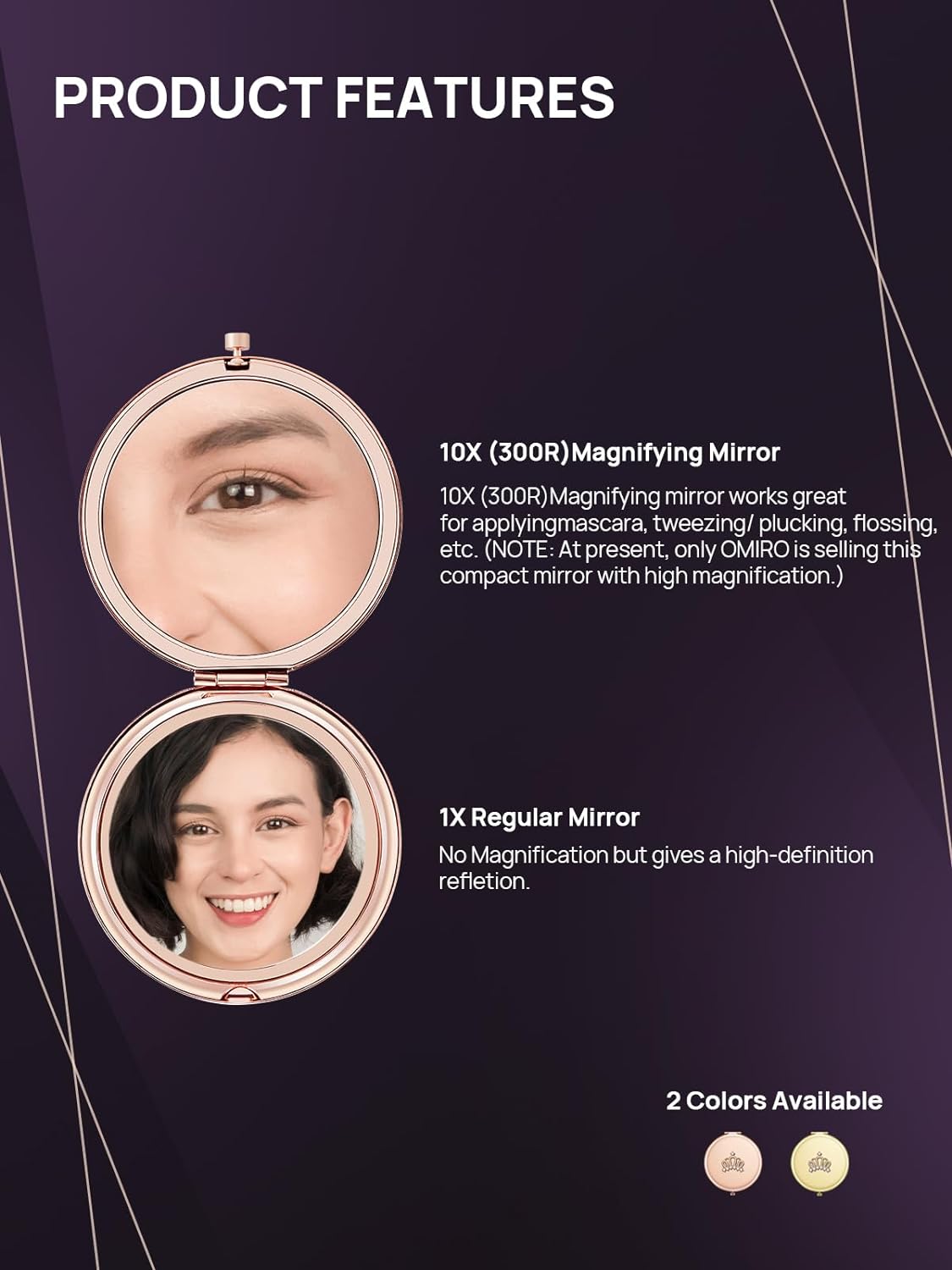 1X/10X Magnifying Compact Mirror, Small Crown Engraved Pocket Makeup Mirror Gift for Her Women Mom(Rose Gold)