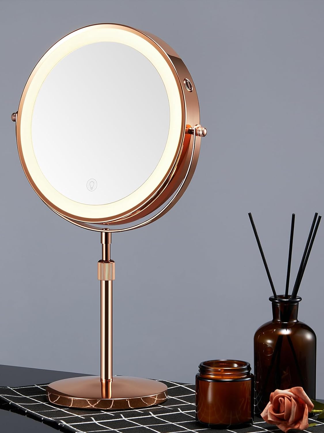 8.5 Inches Lighted Makeup Mirror with 3X/10X Magnifications, Double Sided Swivel Vanity Mirror with Height-Adjustable Stand (Rose Gold)