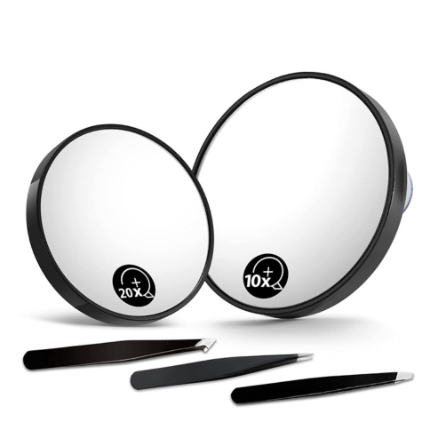 10X(300R)&20X(200R) Magnifying Mirrors and 3 Tweezers Set Combo, 4.5" & 3.5" Triple Suction Cups Round Spot Mirrrors