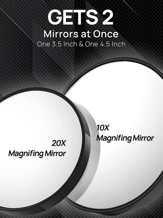 10X(300R)&20X(200R) Magnifying Mirrors and 3 Tweezers Set Combo, 4.5" & 3.5" Triple Suction Cups Round Spot Mirrrors