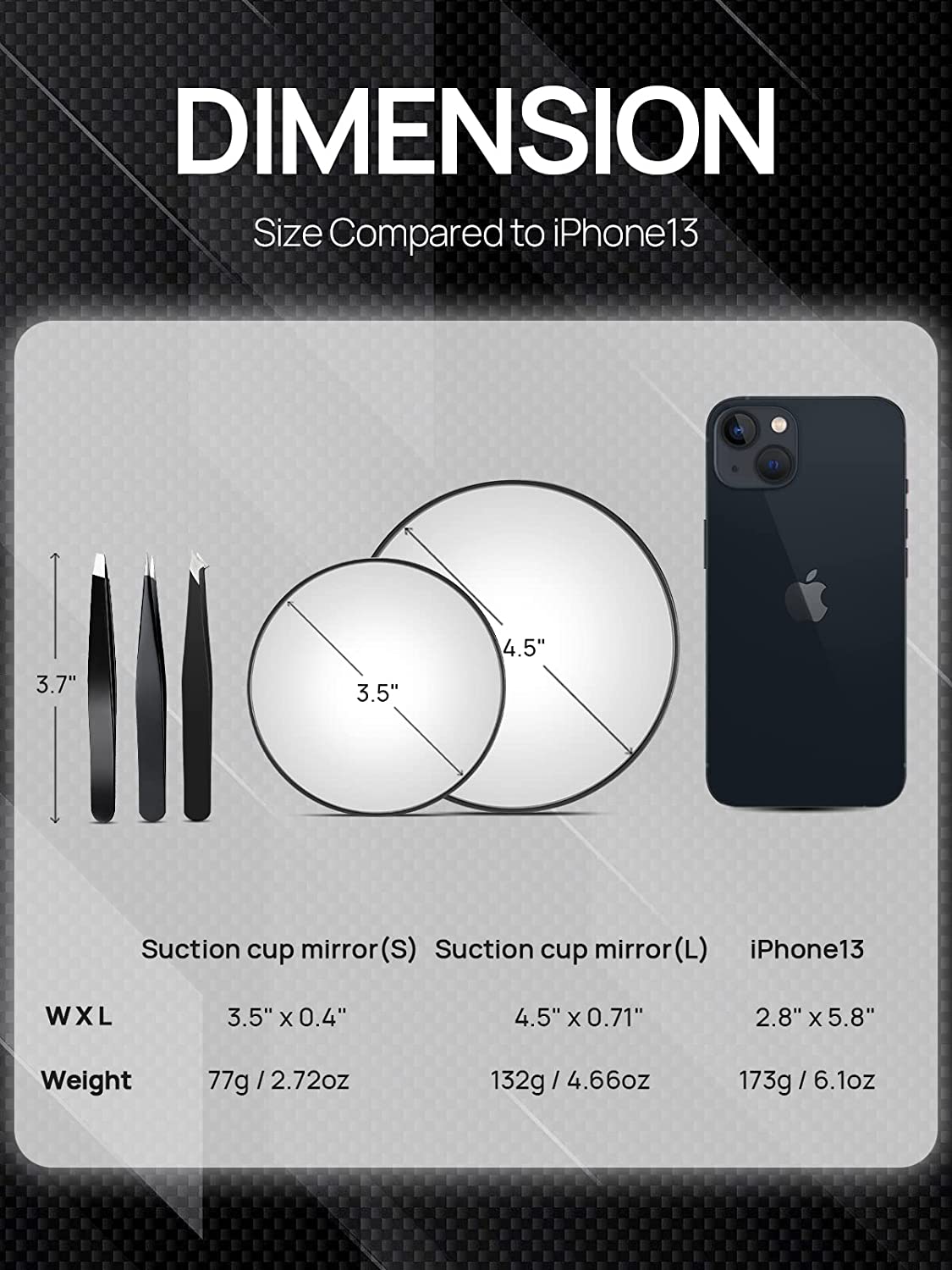 10X(300R)&20X(200R) Magnifying Mirrors and 3 Tweezers Set Combo, 4.5" & 3.5" Triple Suction Cups Round Spot Mirrrors