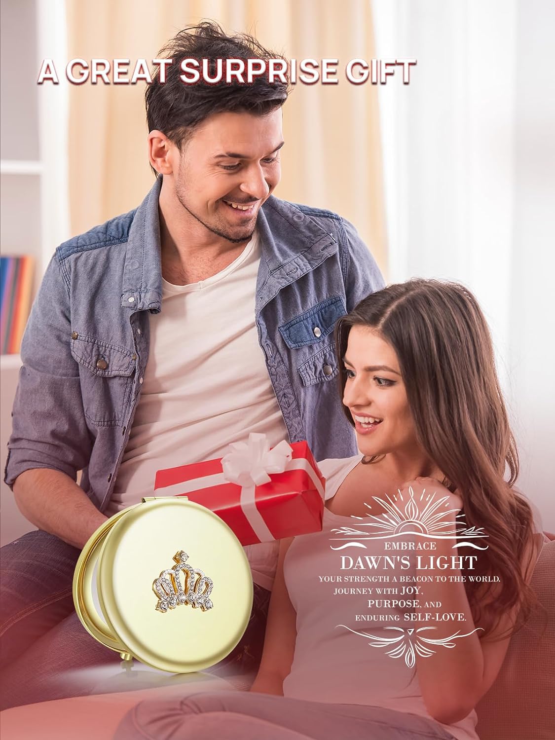 1X/10X Magnifying Compact Mirror, Small Crown Engraved Pocket Makeup Mirror Gift for Her Women Mom(Rose Gold)