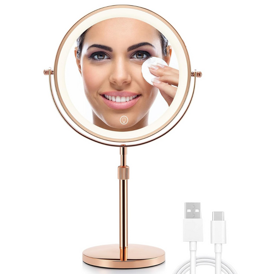 8.5 Inches Lighted Makeup Mirror with 3X/10X Magnifications, Double Sided Swivel Vanity Mirror with Height-Adjustable Stand (Rose Gold)
