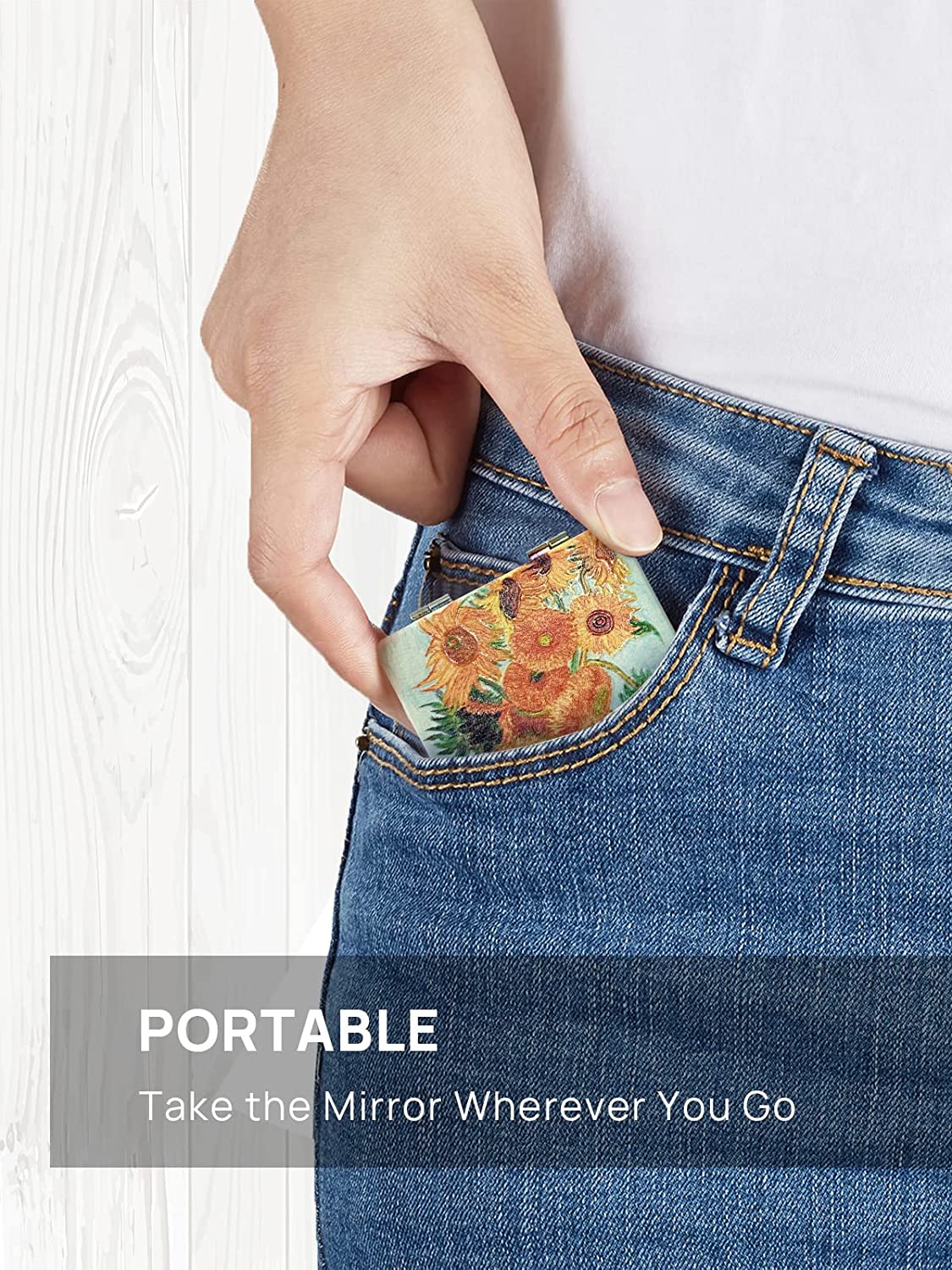 1X/3X Magnifying Mirror, Unique Painting Compact Mirror with Classical PU Leather (Sunflowers)