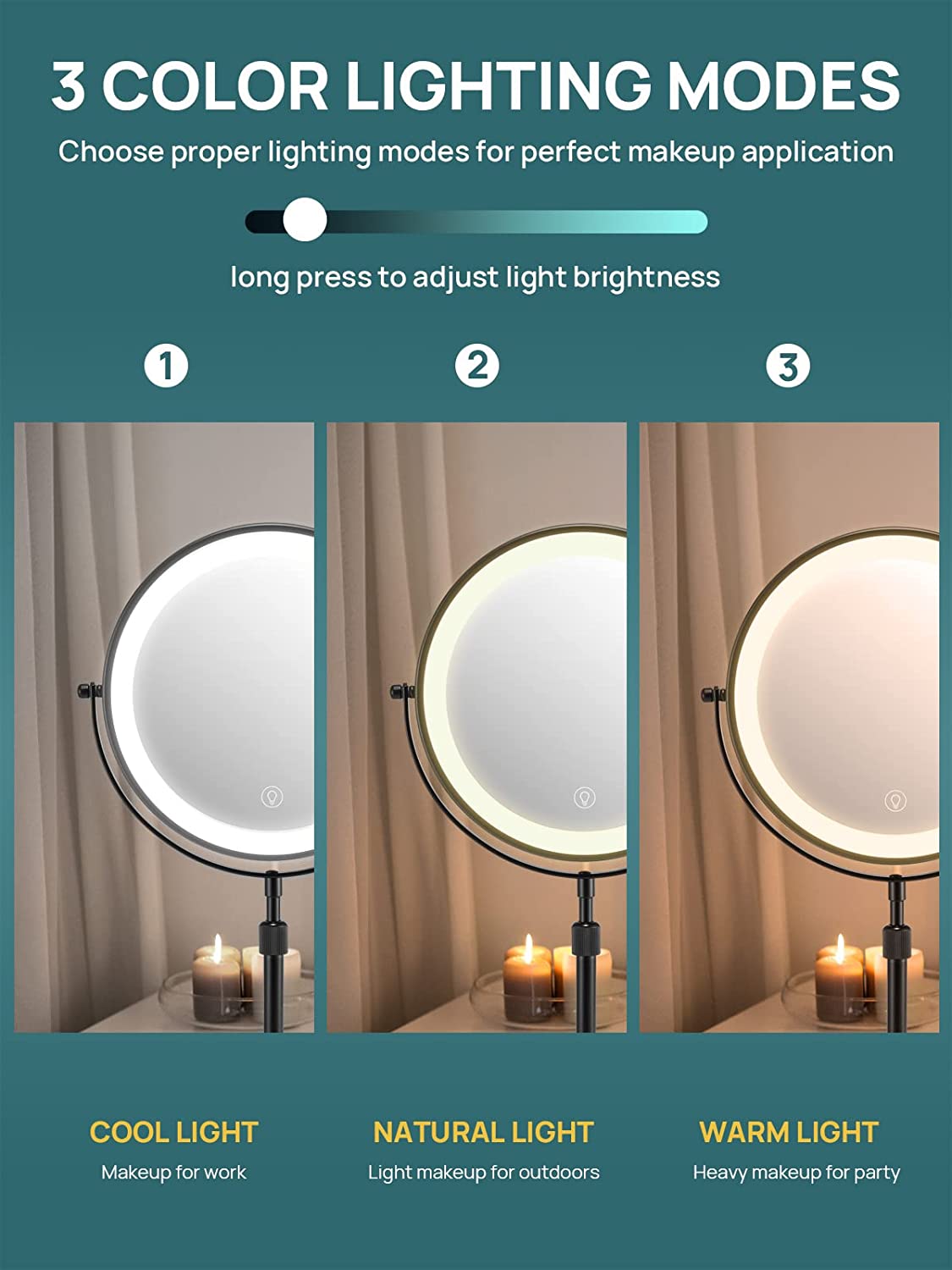 3X/10X Magnifying Makeup Mirror with Light, 8.5 Inches Double Sided Swivel-Free Vanity Mirror with height-adjustable stand (Black)