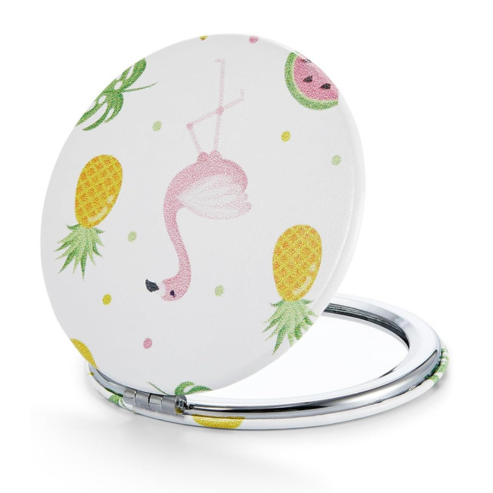 1X/10X(300R) Compact Magnifying Mirror, Unique Painting Pocket Mirror with Classical PU Leather (Round，Flamingo and Tropical Print)