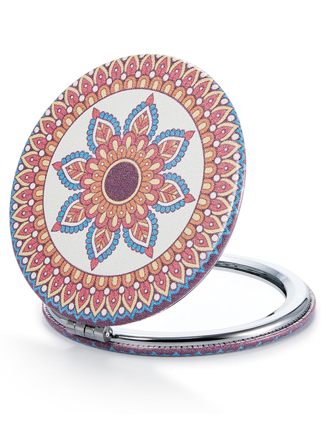 1X/10X(300R) Compact Magnifying Mirror, Unique Painting Pocket Mirror with Classical PU Leather (Round，Flamingo and Tropical Print)
