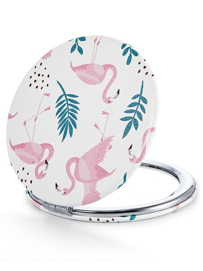 1X/10X(300R) Compact Magnifying Mirror, Unique Painting Pocket Mirror with Classical PU Leather (Round，Flamingo and Tropical Print)