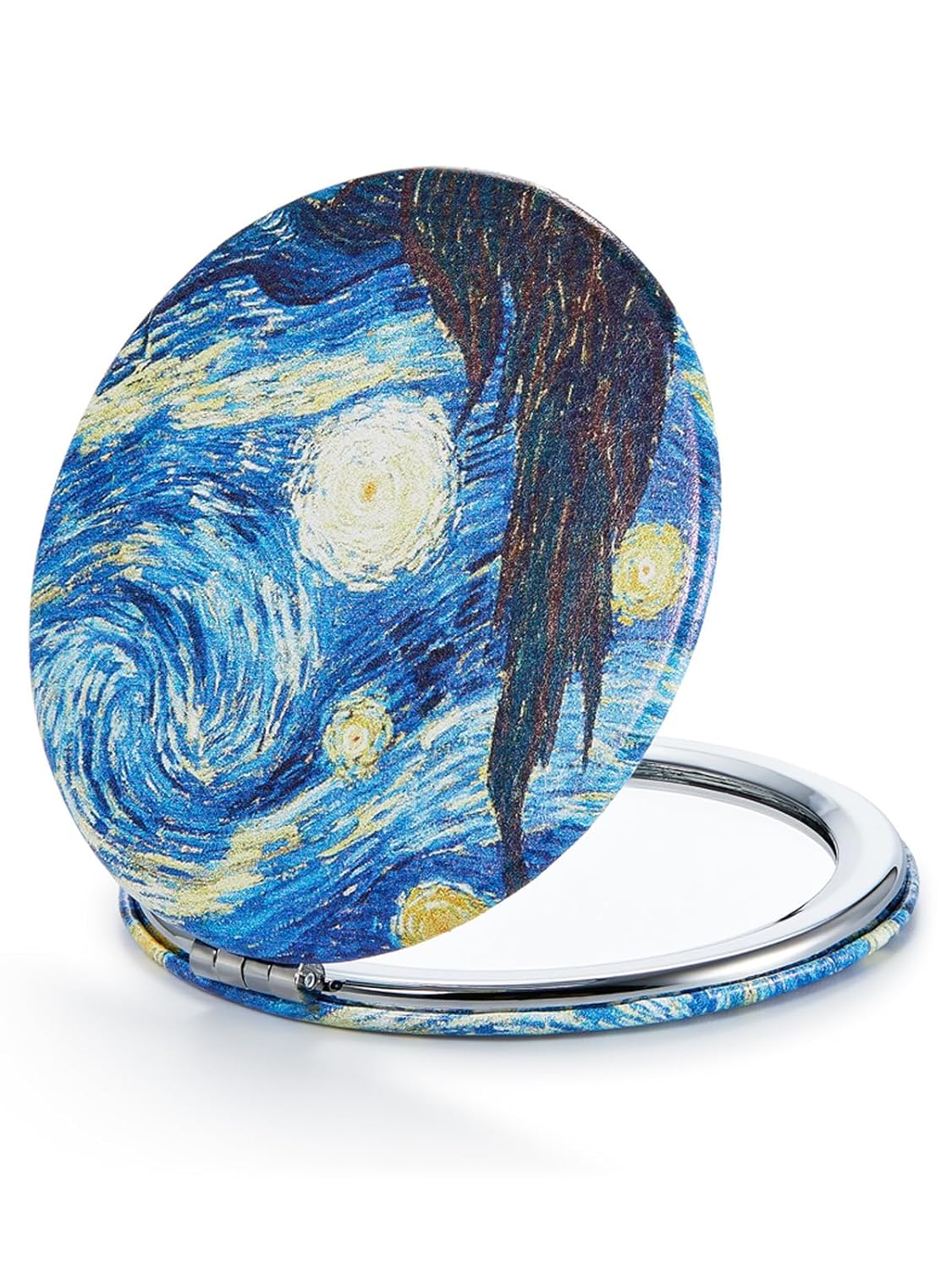 1X/10X(300R) Compact Magnifying Mirror, Unique Painting Pocket Mirror with Classical PU Leather (Round，Flamingo and Tropical Print)