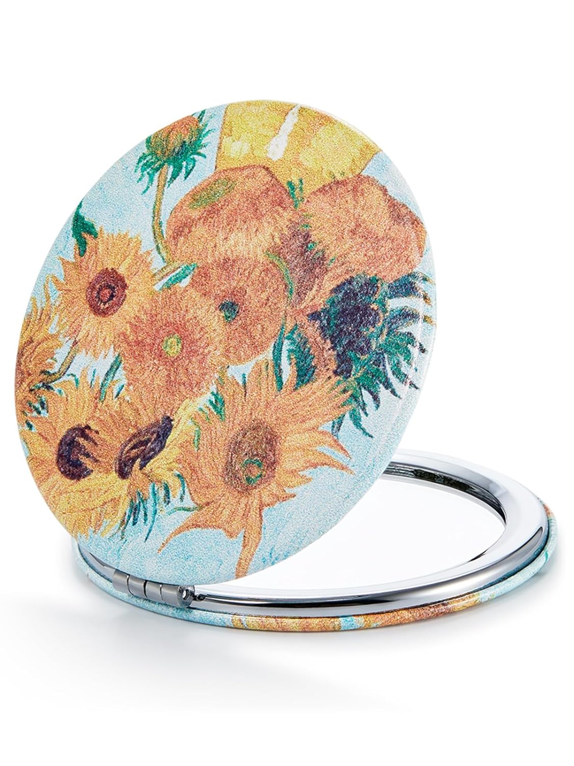 1X/10X(300R) Compact Magnifying Mirror, Unique Painting Pocket Mirror with Classical PU Leather (Round，Flamingo and Tropical Print)