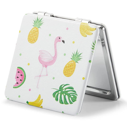 1X/3X Magnifying Mirror, Unique Painting Compact Mirror with Classical PU Leather (Flamingo and Tropical Print)