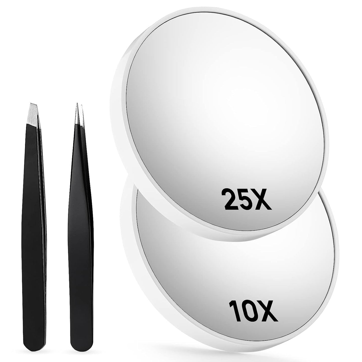 10X & 25X Magnifying Mirrors with Two Eyebrow Tweezers Kits, 3.5" Two Suction Cups Magnifier Set for Travel (Pink)